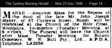 1946 funeral notice J J Maher